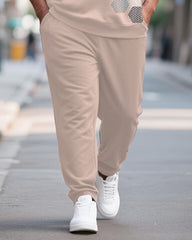 Big & Tall Men's Pink Geometric Print POLO Collar Zipper Long Sleeve Pants Two-Piece Set