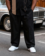 Big & Tall Men's Black Khaki Contrast Geometric Print Short Sleeve Shirt Pants Set