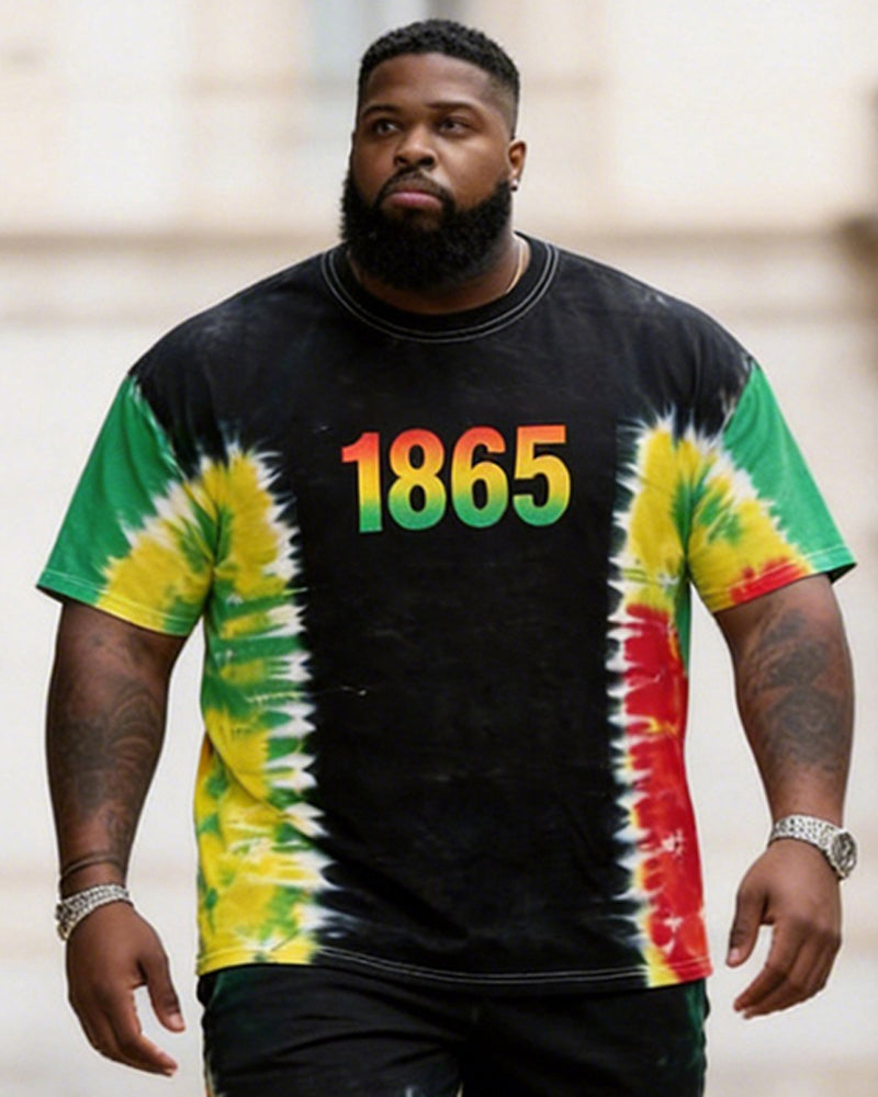 Big & Tall Men's 1865 Tie-dye Red, Yellow And Green Printed Crew Neck Short Sleeve T-shirt Shorts Set