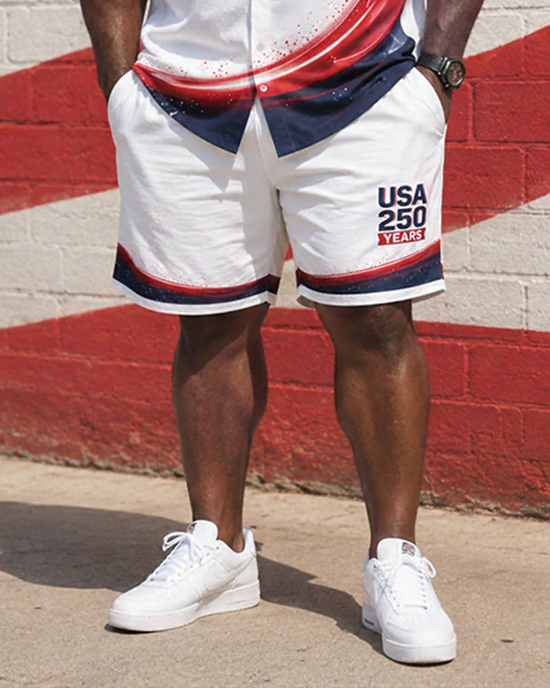 Big & Tall Men's USA250 Anniversary Gradient Star-stripe Printed Short-sleeved Shirt Shorts Set