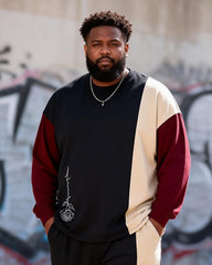 Big & Tall Men's Black Wine Red Color Block Rose Print Long Sleeve T-shirt Trousers Set