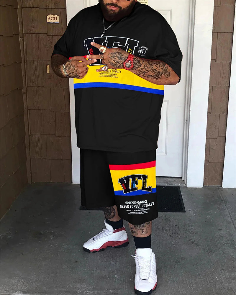 Big & Tall Men's White Bottom Fine Color Geometric Graffiti Print Crewneck Short Sleeve T-Shirt Shorts Set