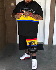 Big & Tall Men's White Bottom Fine Color Geometric Graffiti Print Crewneck Short Sleeve T-Shirt Shorts Set