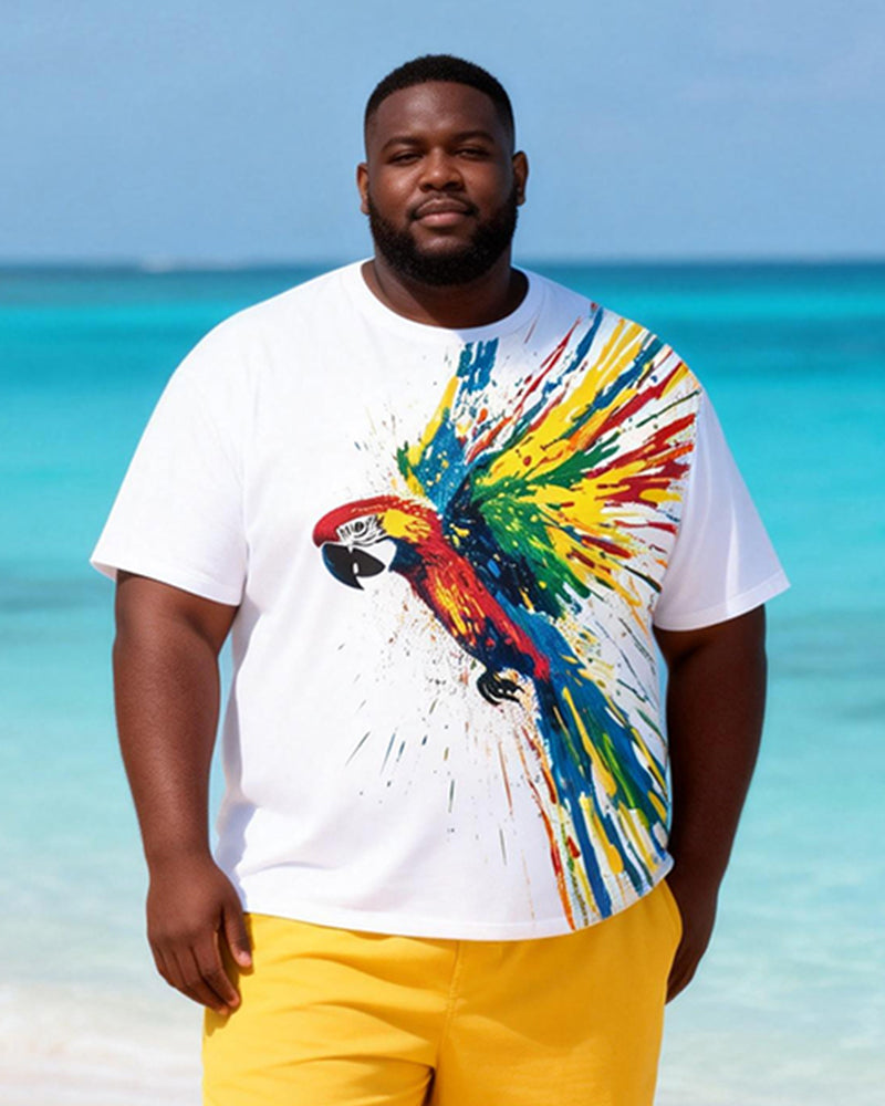 Big & Tall Men's Parrot Splash Ink Print Round Neck Short Sleeve T-Shirt Shorts Set