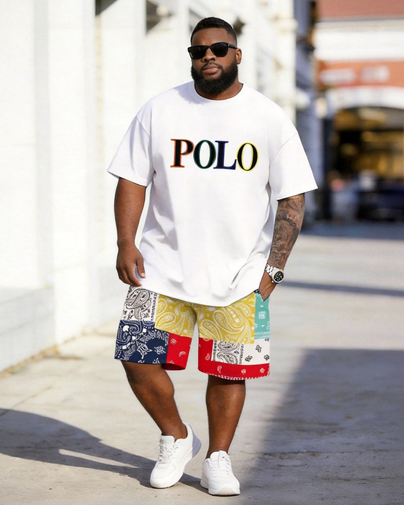 Big & Tall Men's Color Letters Cashew Flower Color-matching Printed Round Neck Short Sleeve T-Shirt Shorts Set