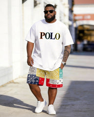 Big & Tall Men's Color Letters Cashew Flower Color-matching Printed Round Neck Short Sleeve T-Shirt Shorts Set