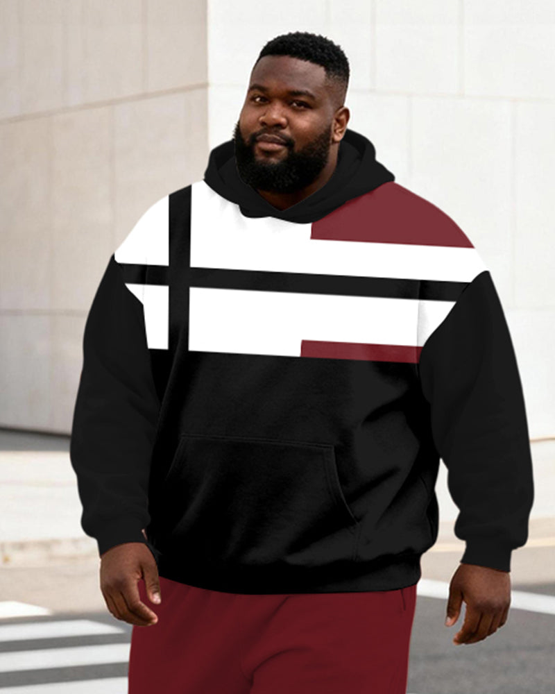 Big & Tall Men's Wine Red Contrast Geometric Print Hoodie Set