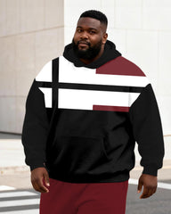 Big & Tall Men's Wine Red Contrast Geometric Print Hoodie Set