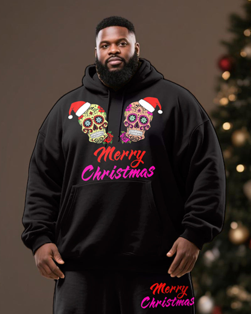 Big & Tall Men's Black Christmas Skull "Merry Christmas" Printed Hoodie Set