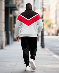 Big & Tall Men's Black And Red Striped Contrast Printed POLO Collar Zipper Long Sleeve Pants Two-piece Set