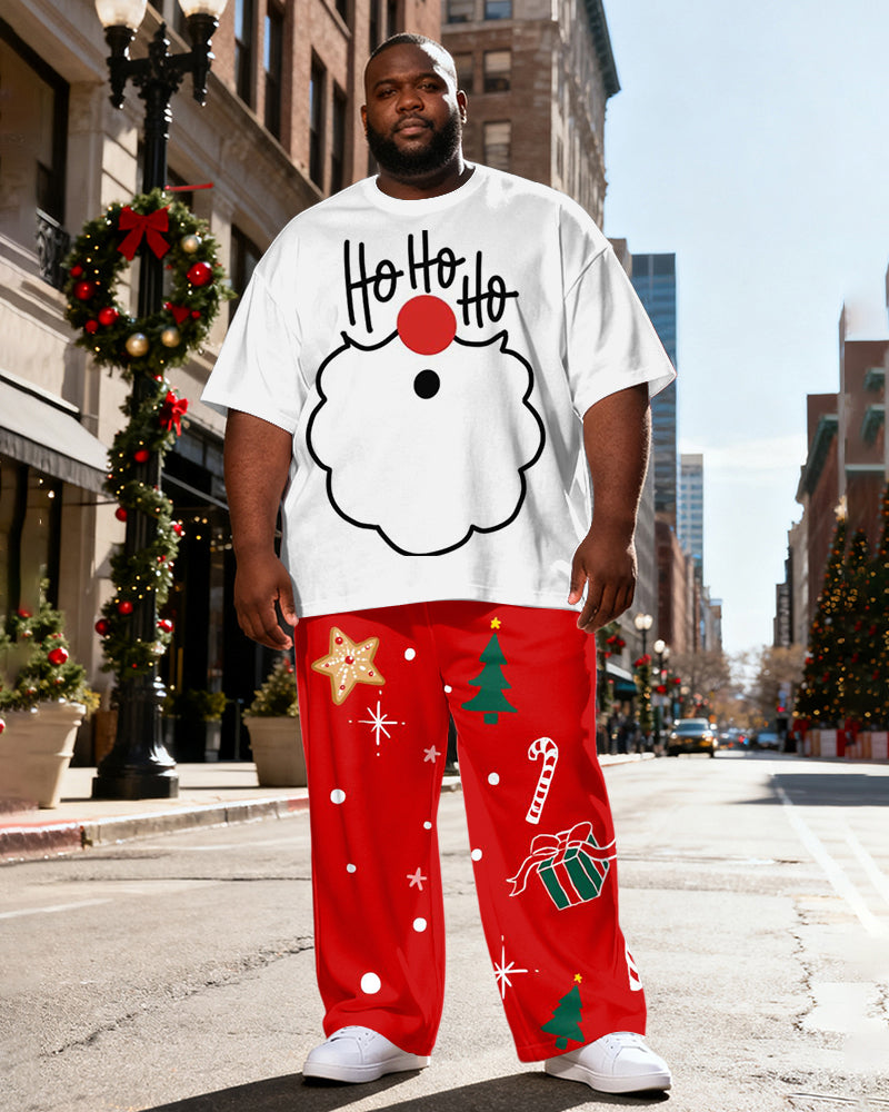 Big & Tall Men's White Santa Claus Beard "Ho Ho Ho" Printed T-Shirt Pants Set