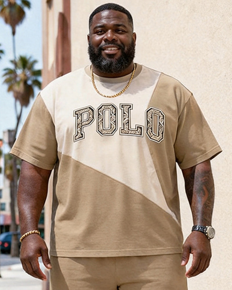 Big & Tall Men's Earth Color Stitching POLO Letter Printing Round Neck Short Sleeve T-shirt Shorts Set