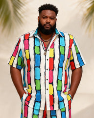Big & Tall Men's Rainbow Graffiti Stripe Contrast Print Short Sleeve Shirt Shorts Set