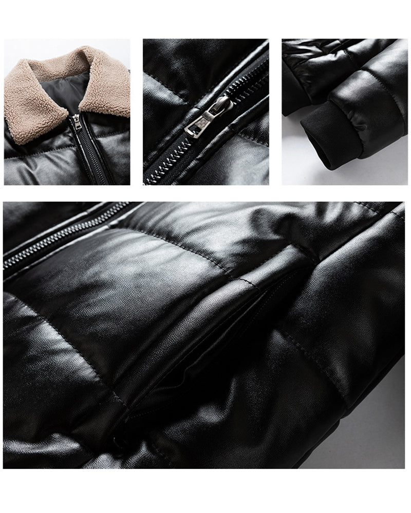 Big & Tall Men's Padded Lamb Wool Lapel Motorcycle PU Leather Jacket M-5XL