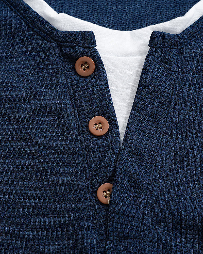 Big & Tall Men's Solid Color Fake Two-Piece V-Neck Waffled Long-Sleeved T-Shirt S-2XL