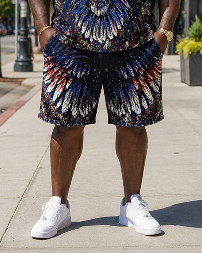 Big & Tall Men's Painted American Flag Eagle Print Crewneck Short Sleeve T-Shirt Shorts Set