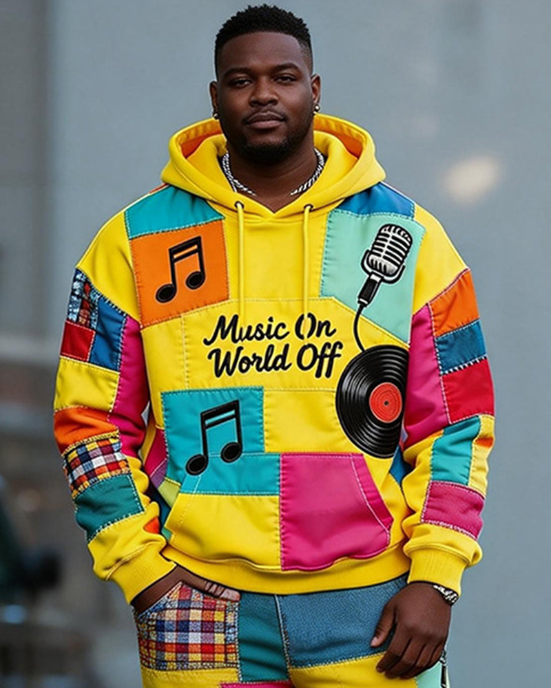 Big & Tall Men's Colorful Note Patchwork Printed Hoodie Set