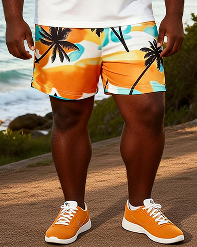 Big & Tall Men's Sunset Coconut Tree Holiday Printed Round Neck Short Sleeve T-Shirt Shorts Set