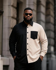 Big & Tall Men's Black Apricot Contrast Printed Long Sleeve Shirt Pants Set