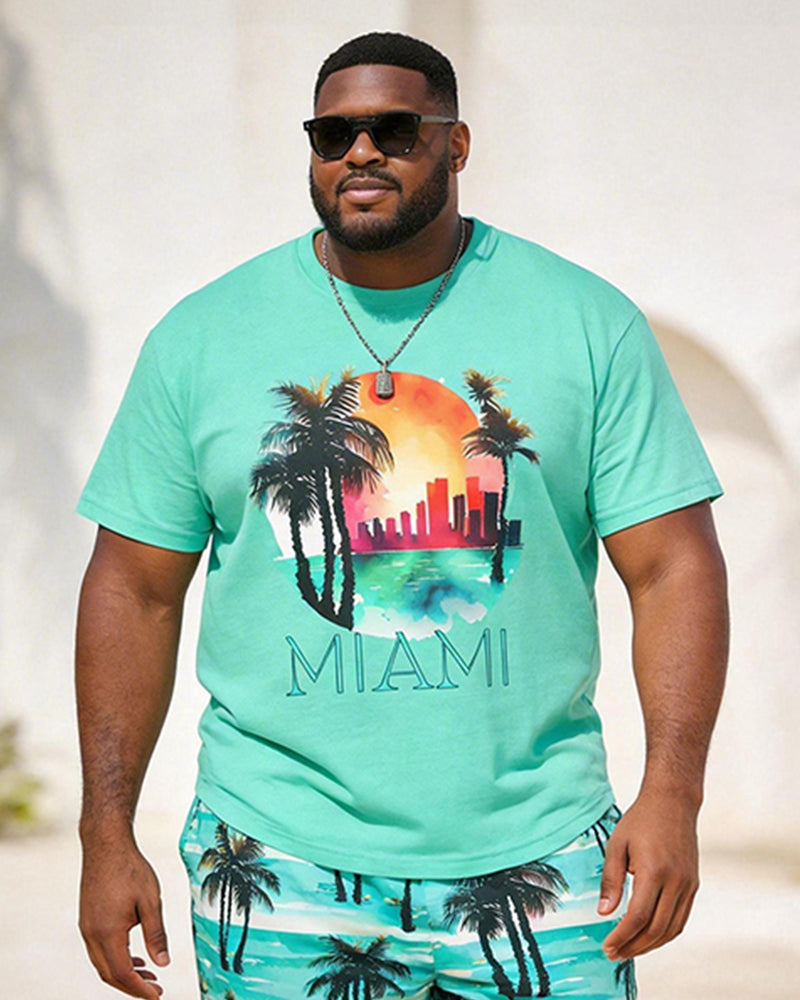 Big & Tall Men's MIAMI City Coconut Print Round Neck Short Sleeve T-Shirt Shorts Set