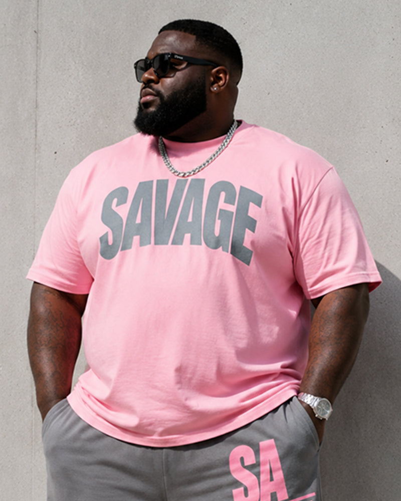 Big & Tall Men's SAVAGE Alphabet Print Round Neck Short Sleeve T-Shirt Shorts Set