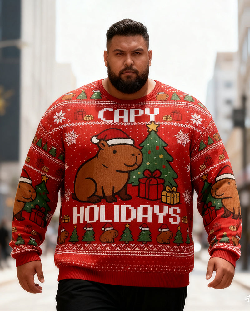 Big & Tall Men's Christmas Capybara Graffiti-Print Crewneck Ugly Sweater