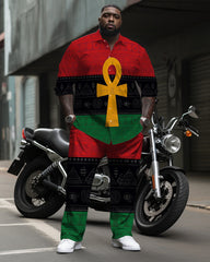 Big & Tall Men's Red And Black Green Anka Symbol Printed Long Sleeve Shirt Pants Set