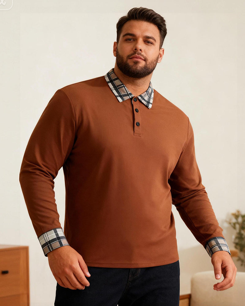 Big & Tall Men's Plaid Long-sleeved Polo Shirt With Lapel S-2XL
