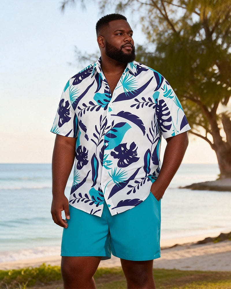 Big & Tall Men's Blue And White Tropical Leaf Print Short Sleeve Shirt Shorts Set