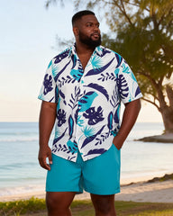 Big & Tall Men's Blue And White Tropical Leaf Print Short Sleeve Shirt Shorts Set