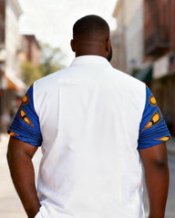 Big & Tall Men's Blue-orange Pattern V-shaped Stitching Printed Short-sleeved Shirt