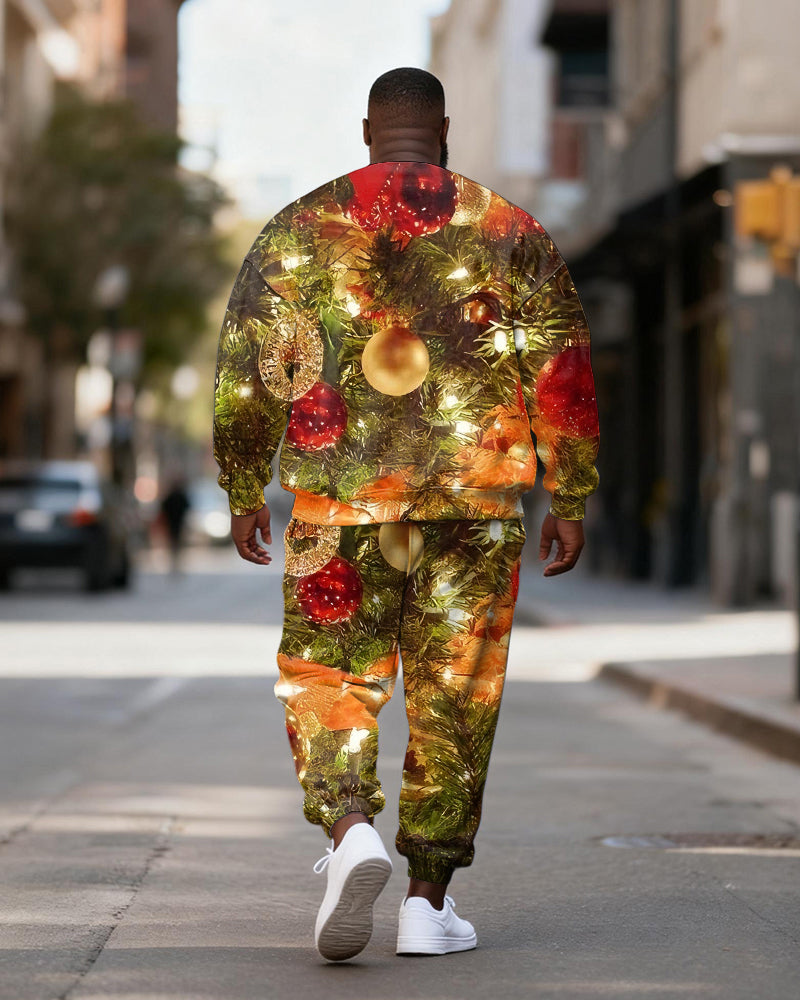 Big & Tall Men's Christmas Branch Decorative Ball Printed Round Neck Sweat Set