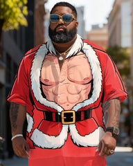 Big & Tall Men's Santa Claus Muscle Cosplay Printed Short Sleeve Shirt Shorts Set