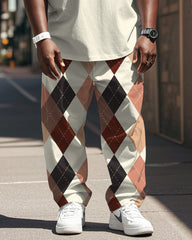 Big & Tall Men's Brown Retro Rhomboid Printed T-Shirt Pants Set