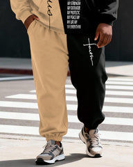 Big & Tall Men's Two-color Stitching "JESUS" Faith Theme Printed Hoodie Set