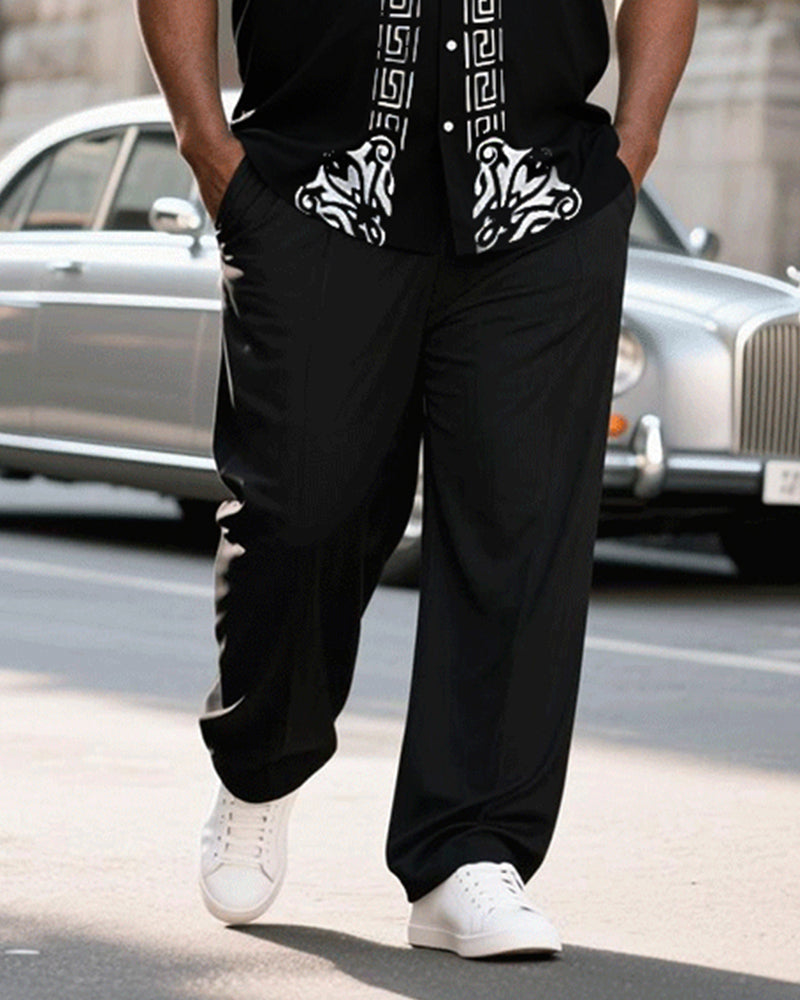 Big & Tall Men's Gothic Pattern Stitching Plinting Printed Short Sleeve Shirt And Trousers Set