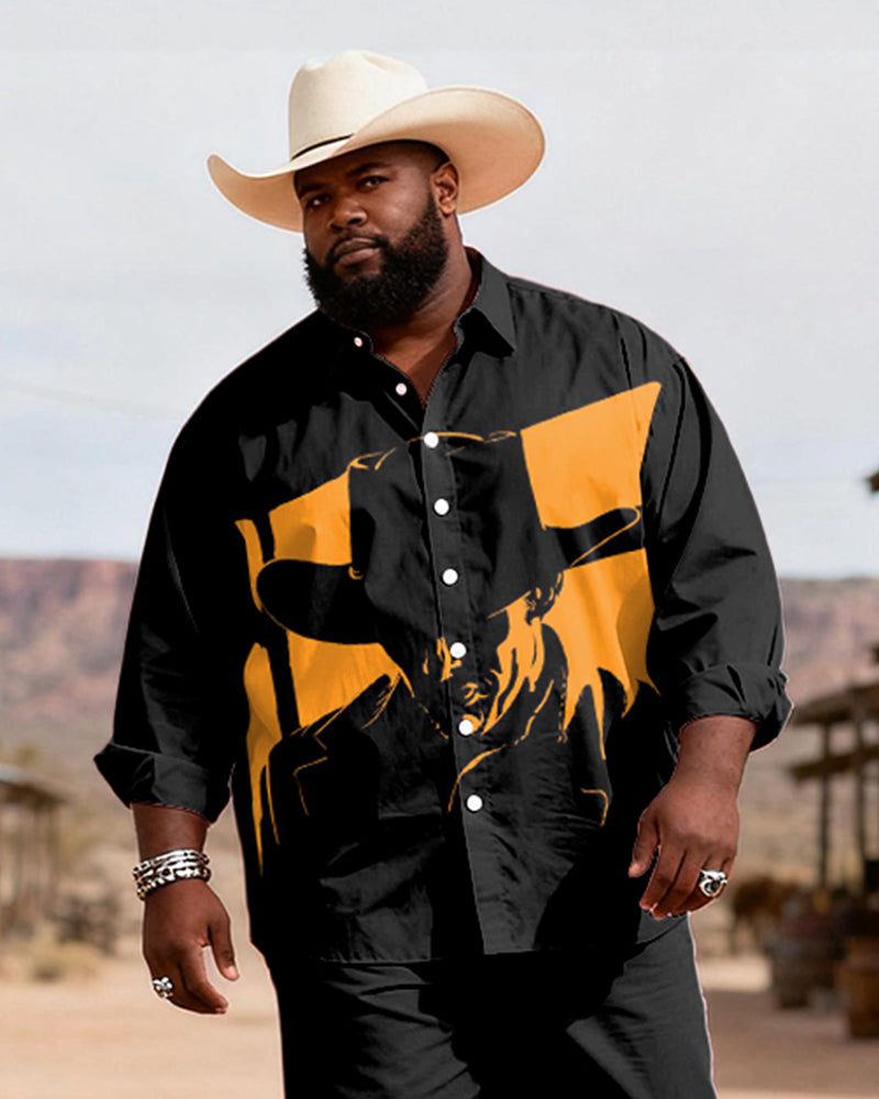 Big & Tall Men's Black And Yellow Contrast Western Tough Gun Printed Long Sleeve Shirt Pants Set