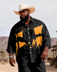 Big & Tall Men's Black And Yellow Contrast Western Tough Gun Printed Long Sleeve Shirt Pants Set
