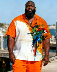 Big & Tall Men's Orange And White Color Block Parrot Print Short Sleeve Shirt Shorts Set