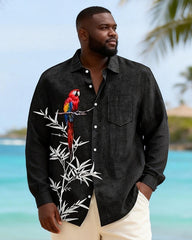 Big & Tall Men's Black Bamboo Parrot Printed Long Sleeve Shirt Pants Set