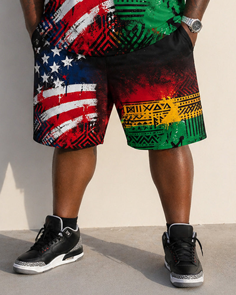 Big & Tall Men's Reggae Color African Totem American Flag Print Round Neck Short Sleeve T-Shirt Shorts Set