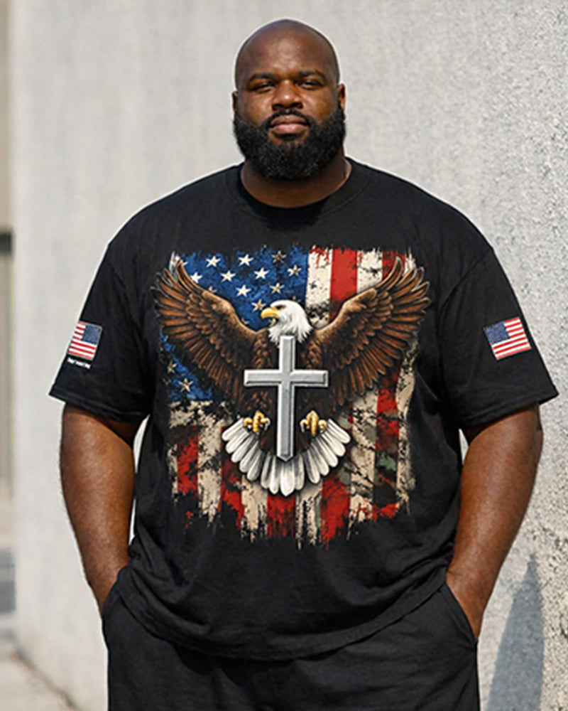 Big & Tall Men's American Flag Cross Eagle Print Crewneck Short Sleeve T-Shirt Shorts Set