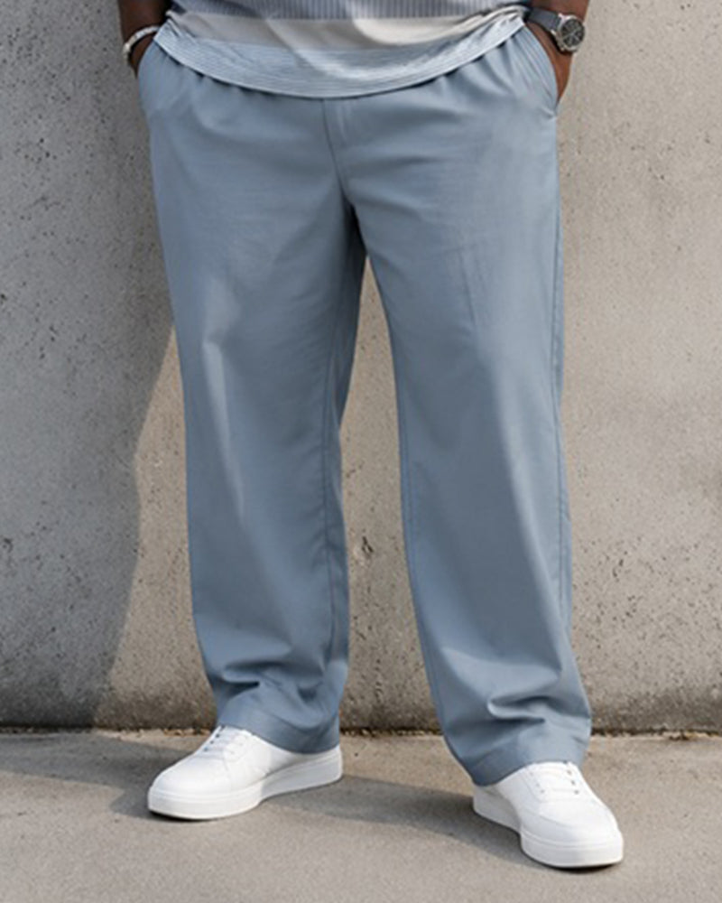 Big & Tall Men's Light Blue Gradient Horizontal Stripe Printed Polo Short Sleeve Trousers Set