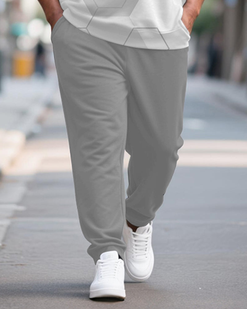 Big & Tall Men's Light Gray Honeycomb Geometric Printed POLO Collar Zipper Long Sleeve Pants Two-piece Set