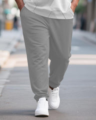 Big & Tall Men's Light Gray Honeycomb Geometric Printed POLO Collar Zipper Long Sleeve Pants Two-piece Set