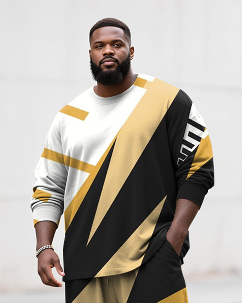Big & Tall Men's Casual Yellow And Black Geometric Stripe Printed Long Sleeve T-Shirt Pants Set