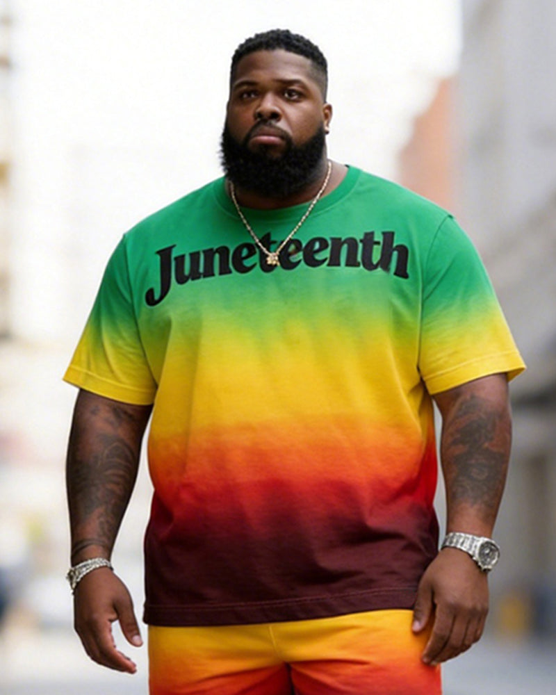 Big & Tall Men'sJuneteenth Alphabet Gradient Print Round Neck Short Sleeve T-Shirt Shorts Set