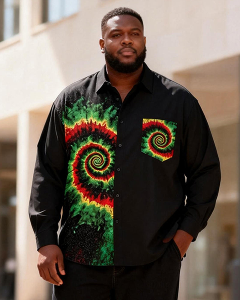 Big & Tall Men's Red, Yellow And Green Swirl Tie-dye Stitching Printed Long Sleeve Shirt And Trousers Set