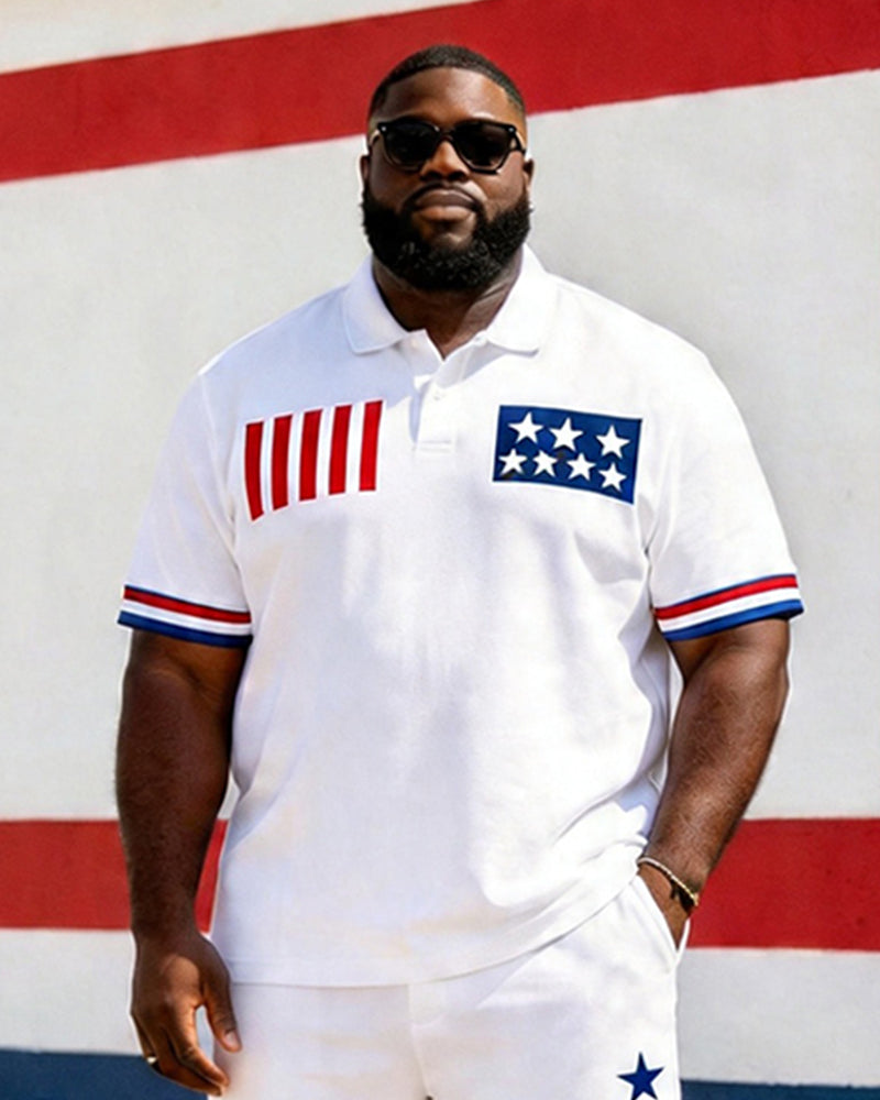 Big & Tall Men's American Flag Element Colorblock Print POLO Short Sleeve Shorts Set