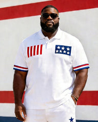 Big & Tall Men's American Flag Element Colorblock Print POLO Short Sleeve Shorts Set
